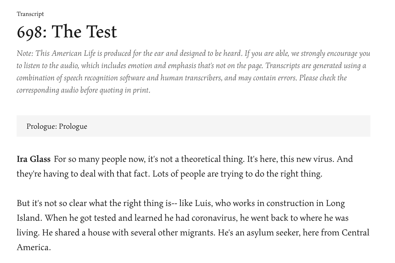 Image showing how This American Life breaks down their transcriptions.